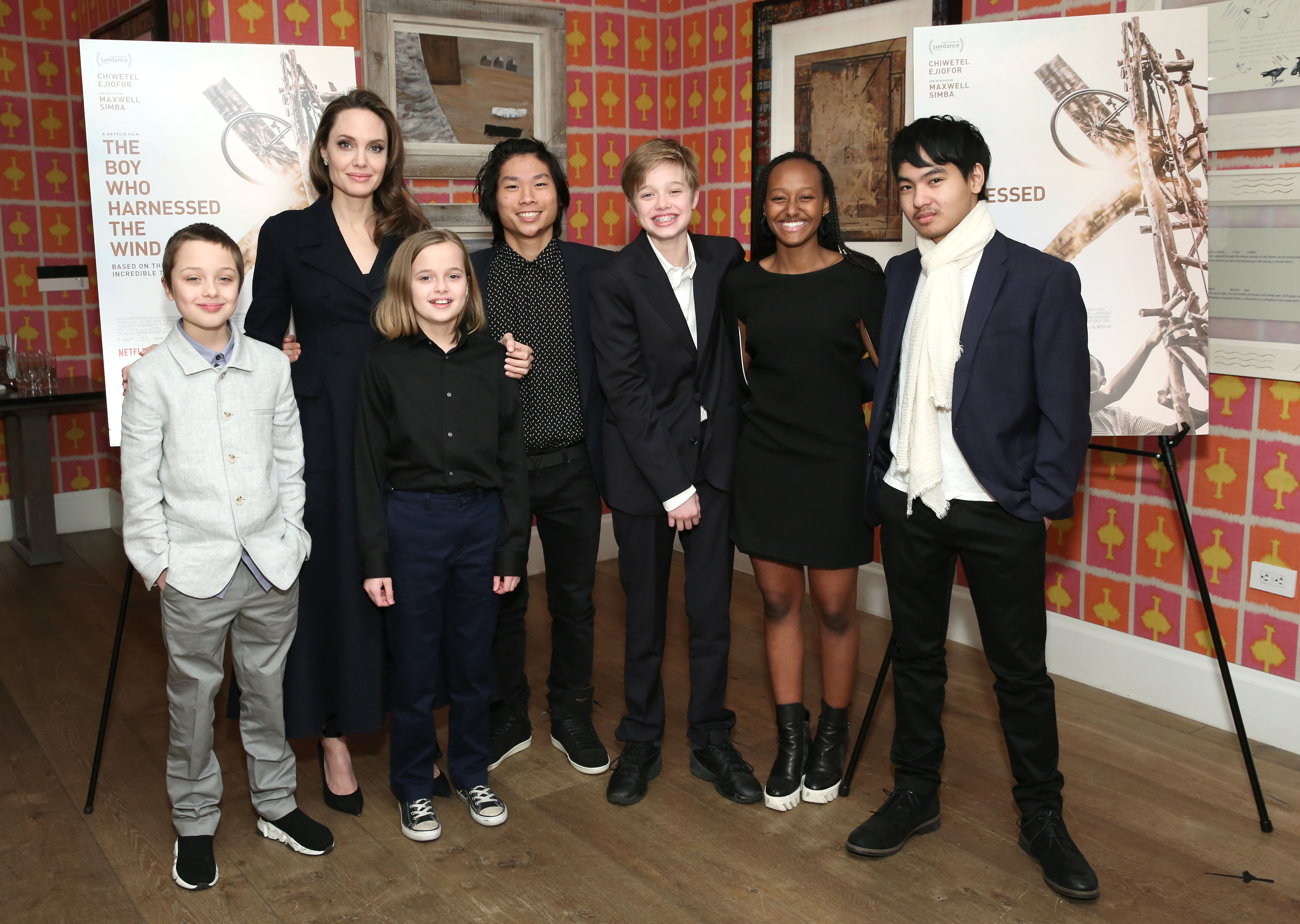Angelina pictured with her six kids in February 2019