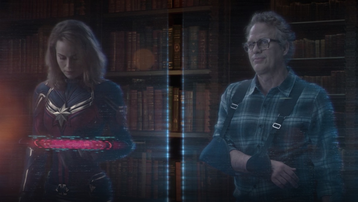 Carol Danvers and Bruce Banner in a sling appear in hologram form in a Shang-Chi and the Ten Rings mid-credits scene
