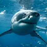 great white shark up close in the water