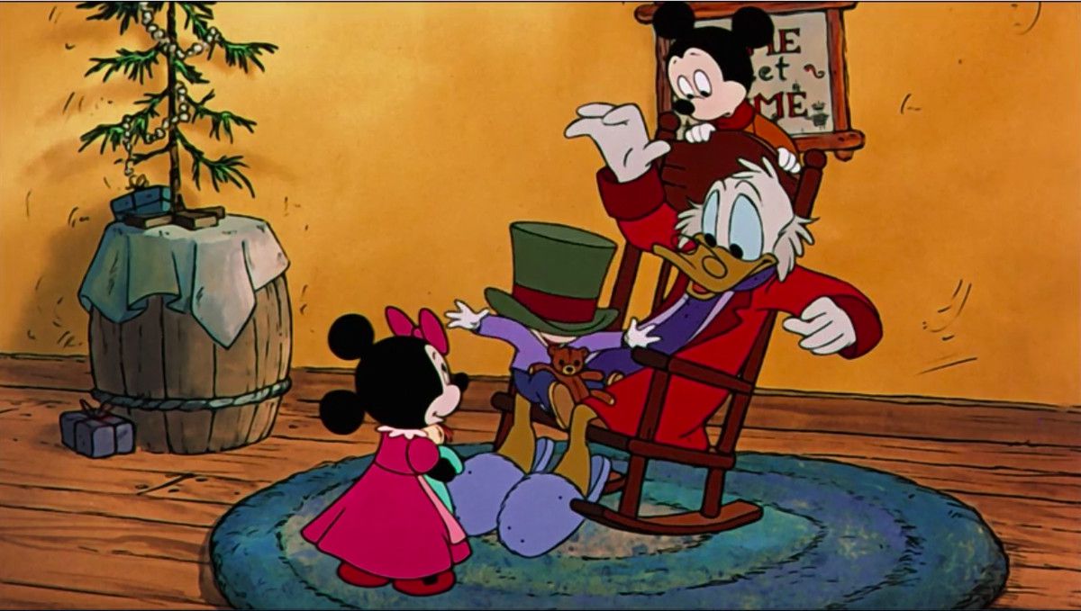 Scrooge McDuck being hounded by a bunch of little mouse children as he gives presents to them. 