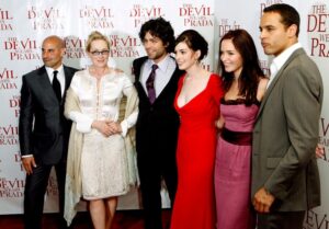 The cast of "The Devil Wears Prada" pose on the red carpet for the film's premiere on June 19, 2006, in New York City.
