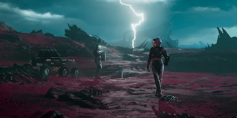 A promo still from Exodus featuring an astronaut on an alien planet with a lightning strike in the background.