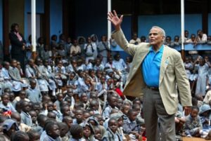 Belafonte addressing schoolchildren in Nairobi as part of his role as a Unicef goodwill ambassador, 2004.