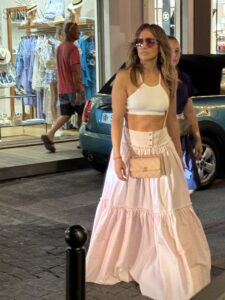Jennifer Lopez was seen on a getaway to St. Barts while showing off her fit figure in a maxi skirt and bra top