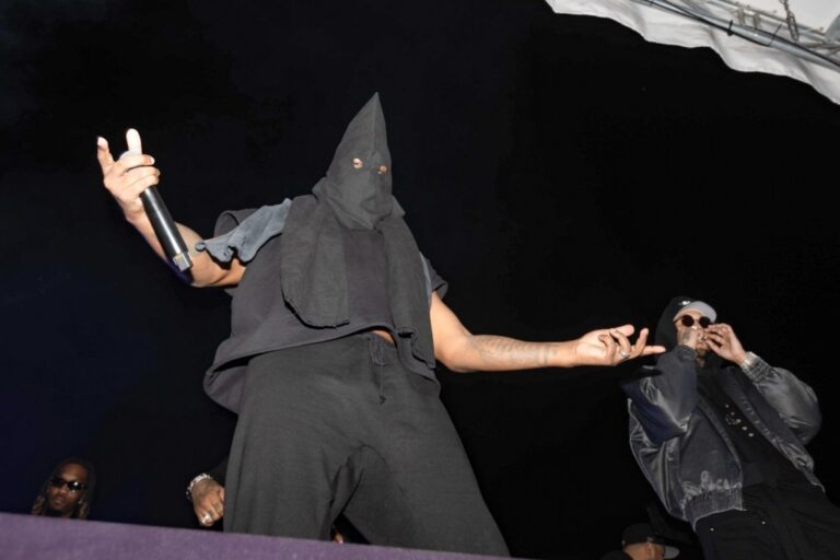 Kanye West Shocks Fans With KKK Style Hood At Vultures Album 768x512 