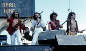 Jim Clench, Brian Greenway, Myles Goodwyn and Gary Moffet of April Wine, performing in 1979.