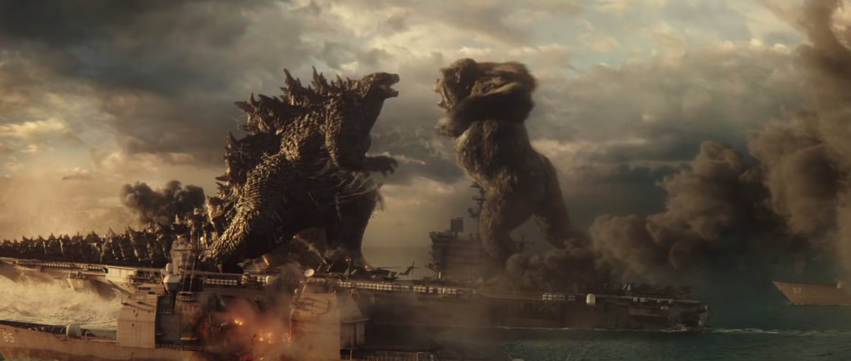 Godzilla fights Kong on an aircraft carrier