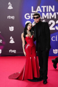 Nicki Nicole and Peso Pluma make their red carpet debut as a couple during the 24th Annual Latin GRAMMY Awards at FIBES on November 16, 2023, in Seville, Spain