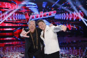 Huntley (left) with coach Niall Horan after winning the 24th season of The Voice on Tuesday