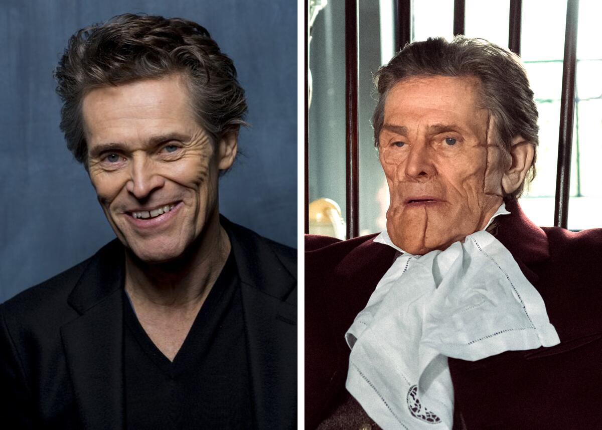 Actor Willem Dafoe smiles in a recent portrait next to the hideous disfigurements he sports for his role in "Poor Things."