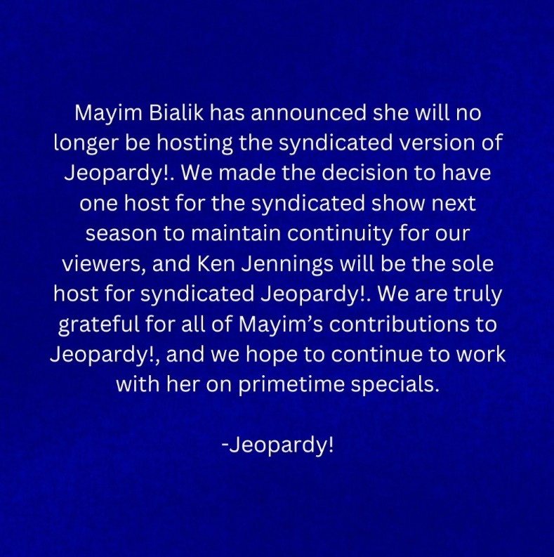 Jeopardy!'s statement about Mayim's firing which came shortly after