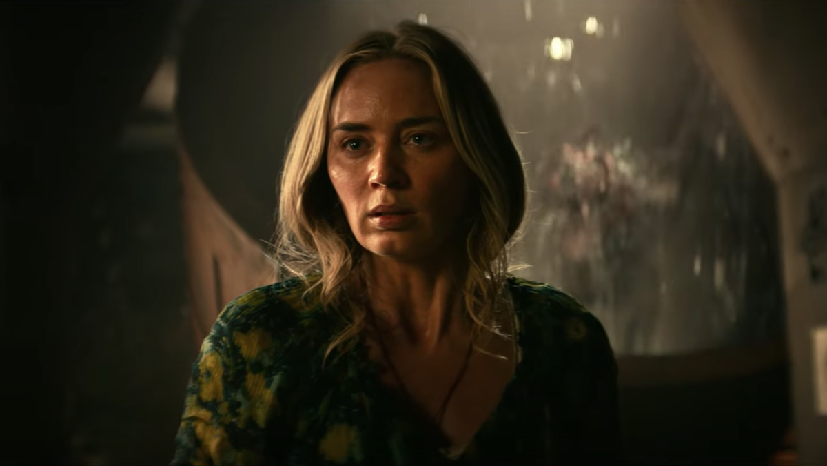 Emily Blunt looks scared in A Quiet Place Part II.