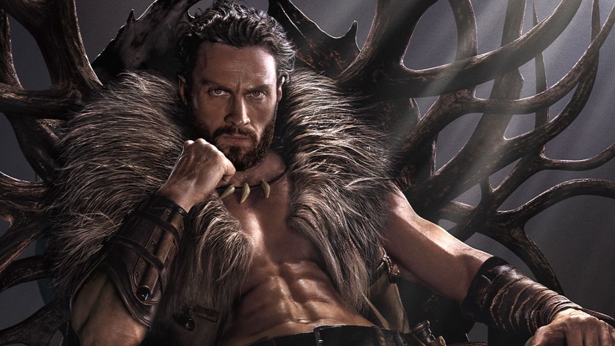 Kraven the hunter sitting on an antler chair from official trailer release