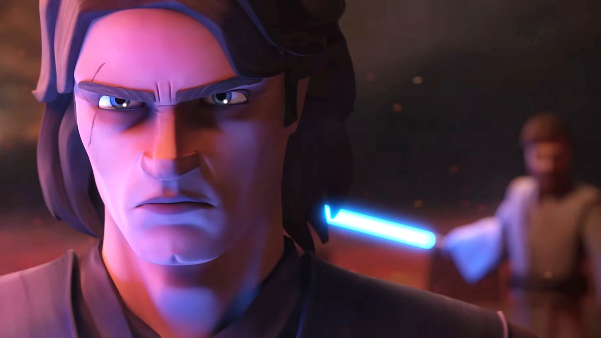 Anakin Skywalker's face lit up by his lightsaber with Obi-Wan in the background holding his in the animated style of The Clone Wars