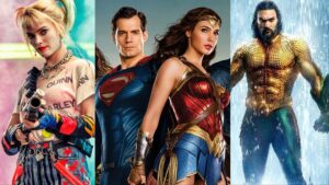 L to R: Margot Robbie as Harley Quinn, Henry Cavill as Superman, Gal Gadot as Wonder Woman, and Jason Momoa as Aquaman in the DCEU.