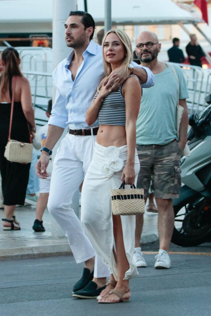Kimberley Garner and Andreas Anthis are seen enjoying a romantic stroll in Saint Tropez. 27 Jul 2023 Pictured: Kimberley Garner Andreas Anthis. Photo credit: Spread Pictures / MEGA TheMegaAgency.com +1 888 505 6342 (Mega Agency TagID: MEGA1012416_006.jpg) [Photo via Mega Agency]