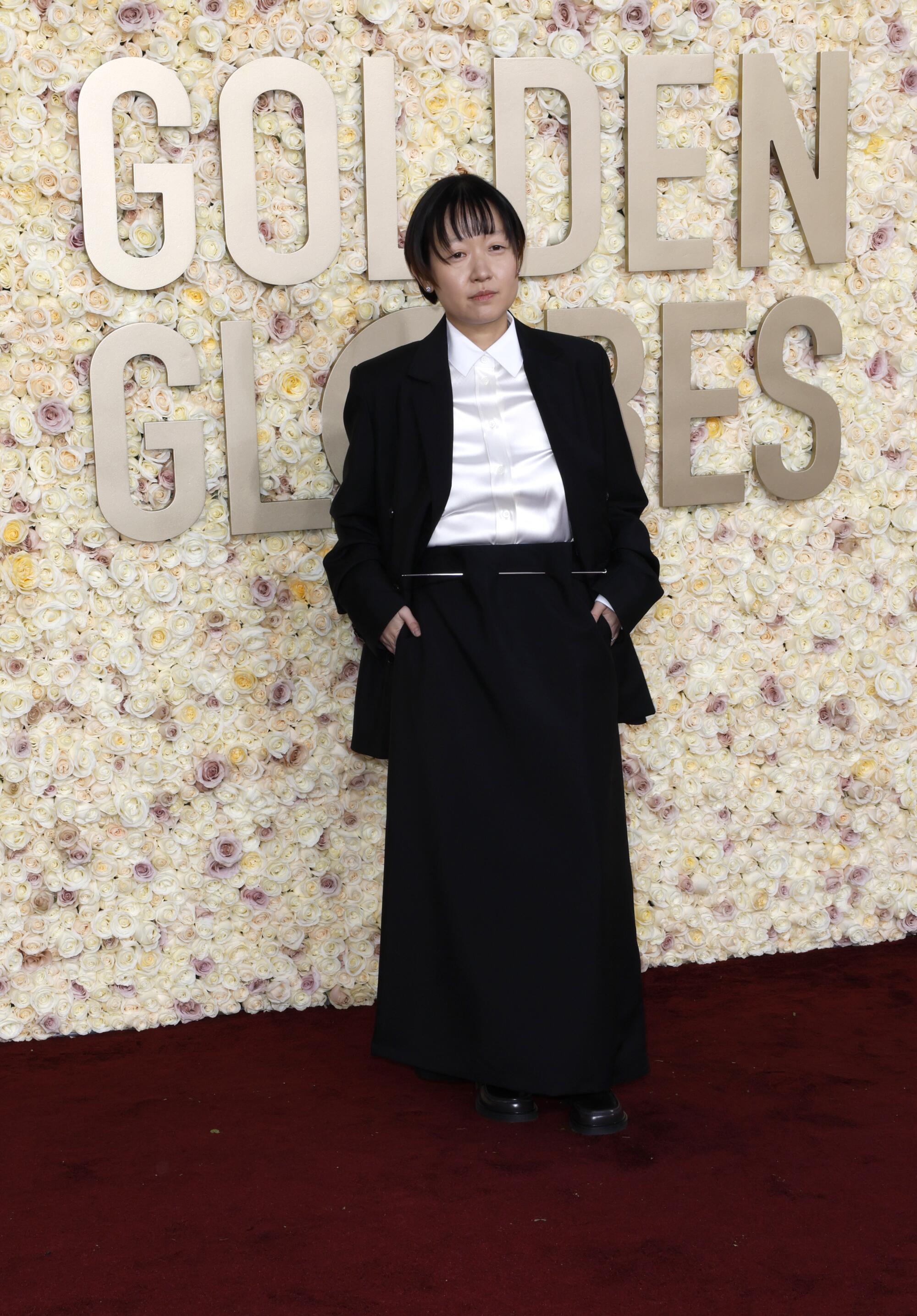 Celine Song on the red carpet of the 81st Golden Globe Awards at the Beverly Hilton.