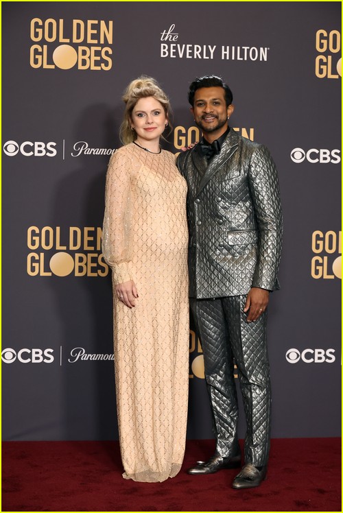 Ghosts’ Utkarsh Ambudkar with co-star Rose McIver at the Golden Globes 2024