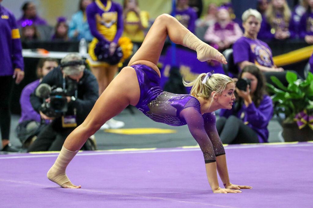 January 05, 2024: LSU's Olivia ''Livvy'' Dunne competes on the floor during NCAA Gymnastics action between the Ohio St. Buckeyes and the LSU Tigers at the Pete Maravich Assembly Center in Baton Rouge, LA. Jonathan Mailhes/CSM (Credit Image: © Jonathan Mailhes/Cal Sport Media) Newscom/(Mega Agency TagID: csmphotothree219129.jpg) [Photo via Mega Agency]