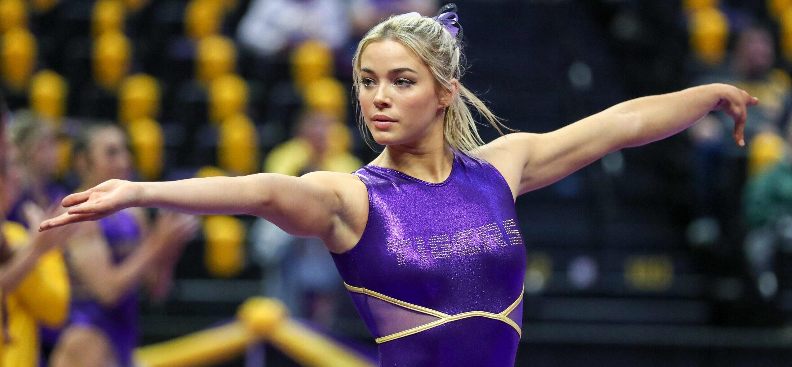 January 05, 2024: LSU's Olivia ''Livvy'' Dunne warms up on the floor prior to NCAA Gymnastics action between the Ohio St. Buckeyes and the LSU Tigers at the Pete Maravich Assembly Center in Baton Rouge, LA. Jonathan Mailhes/CSM (Credit Image: © Jonathan Mailhes/Cal Sport Media) Newscom/(Mega Agency TagID: csmphotothree219057.jpg) [Photo via Mega Agency]