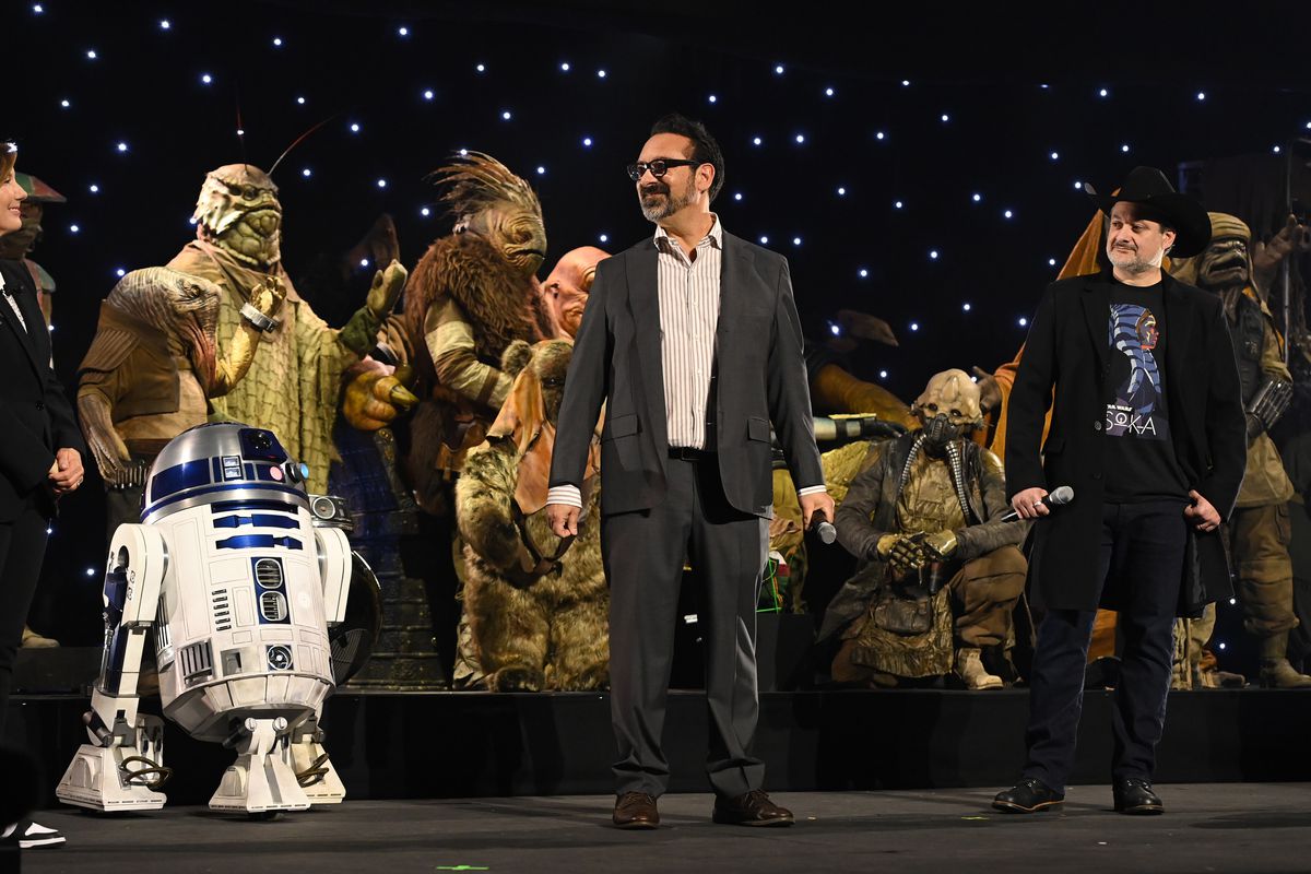James Mangold and Dave Filoni onstage during the studio panel at Star Wars Celebration 2023
