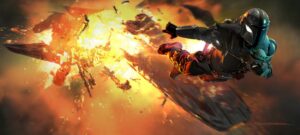 Din Djarin holds Grogu while flying away from an exploding ship bathed in orange fire in promo work for The Mandalorian & Grogu