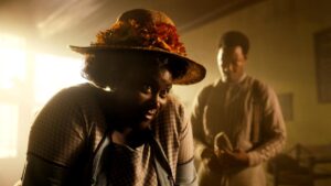 Danielle Brooks and Corey Hawkins in early 1900s clothing as Sofia and Harpo in "The Color Purple."