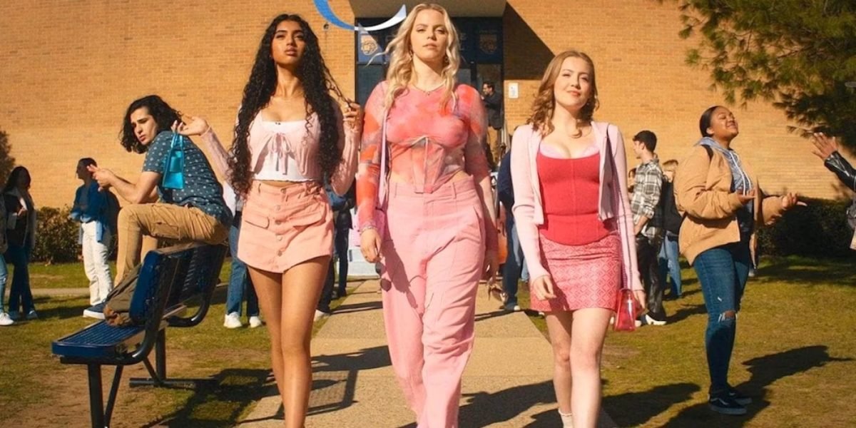 The plastics strut across campus in Mean Girls (2024).