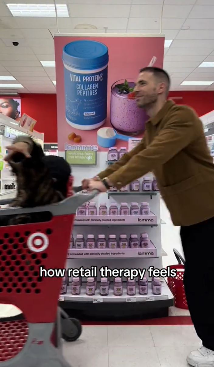 The Lemme founder was shown being pushed about Target inside a shopping cart