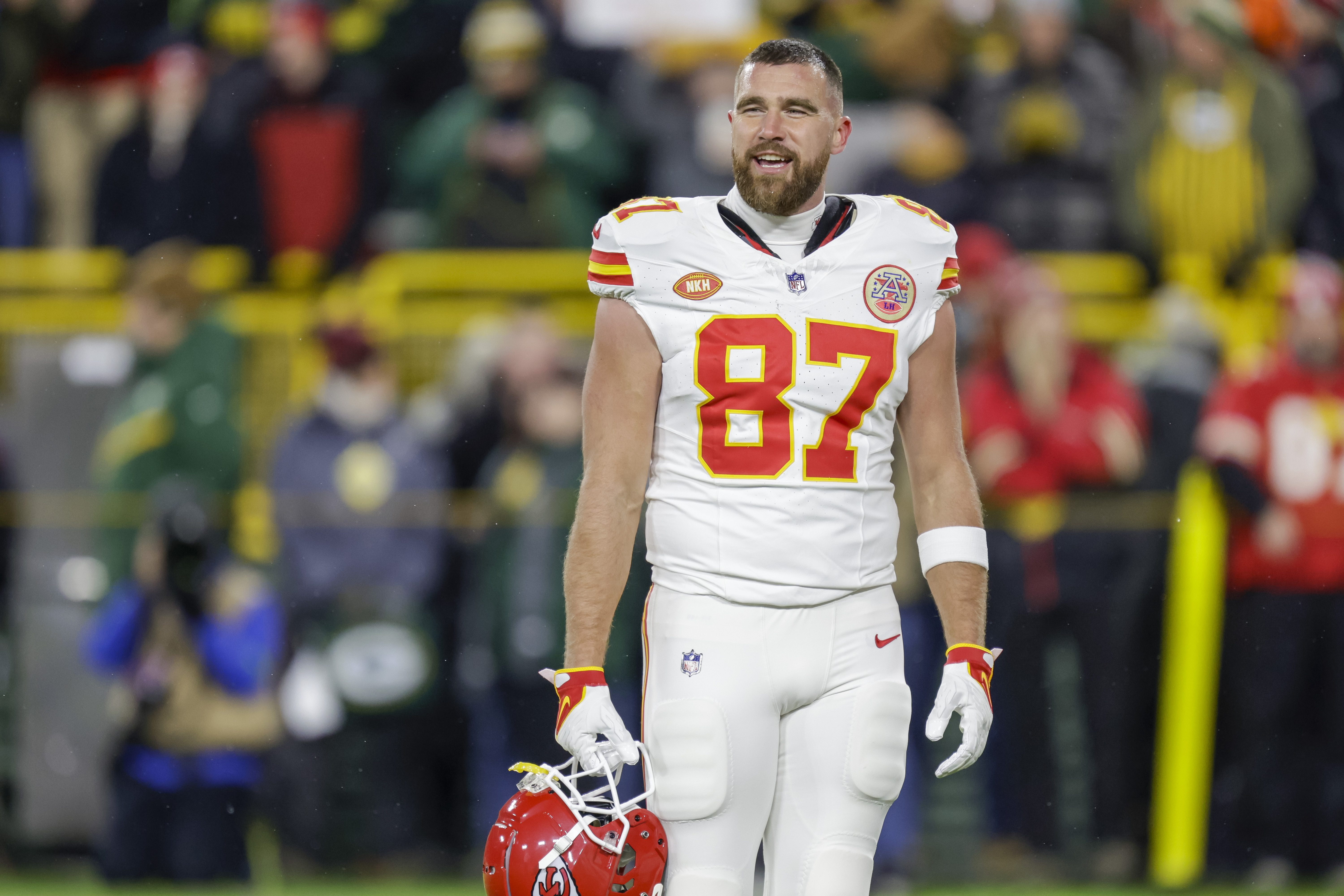Kansas City Chiefs tight end Travis Kelce warms up before an NFL football game in December 2023 in Green Bay, Wisconsin