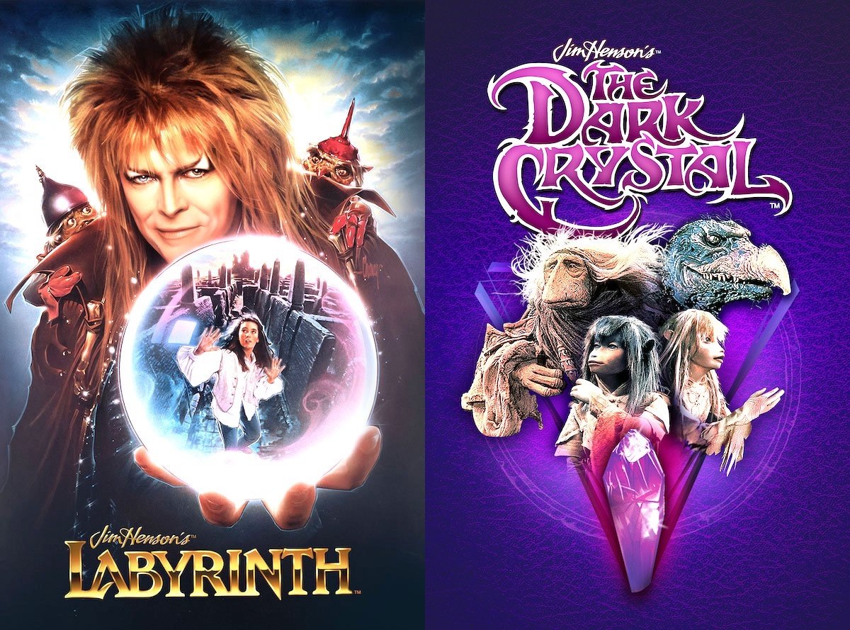 A poster for Labyrinth with David Bowie holding a crystal ball with Jennifer Connelly inside it split with a poster for The Darrk Crystal featuring various characters atop a purple glass shard
