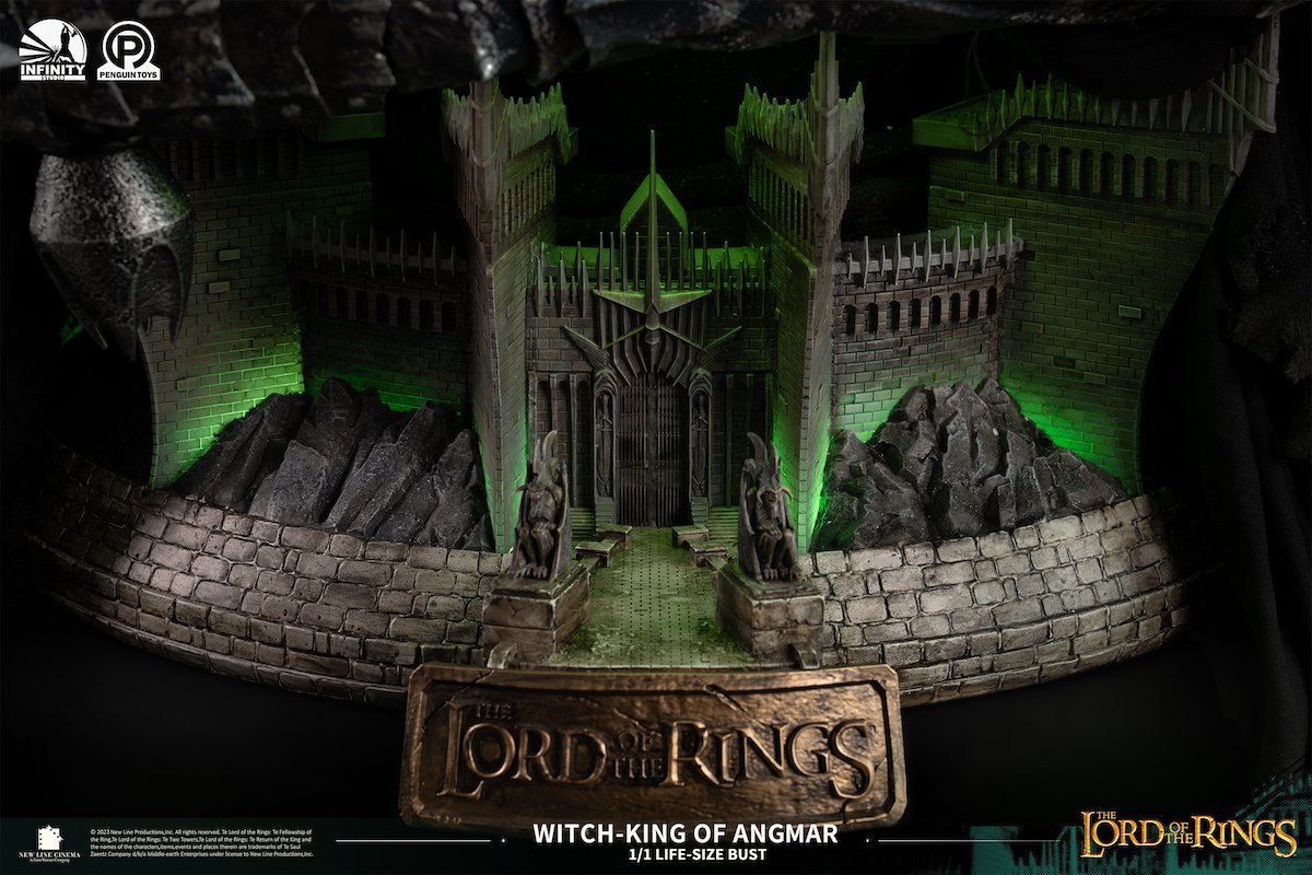 A replica of Minas Morgul's front gate bathed in green light 