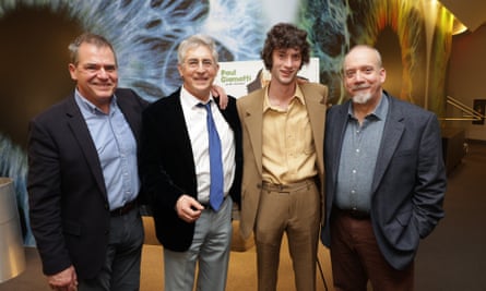 Writer David Hemingson, Alexander Payne, Dominic Sessa and Paul Giamatti at a screening of The Holdovers.