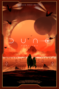 An orange Dune: Part Two print showing Paul and Chani center with an army, sand worm, and ornithopters behind them, from Bottleneck Gallery