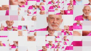 An image of a man's face is multiplied in several frames.