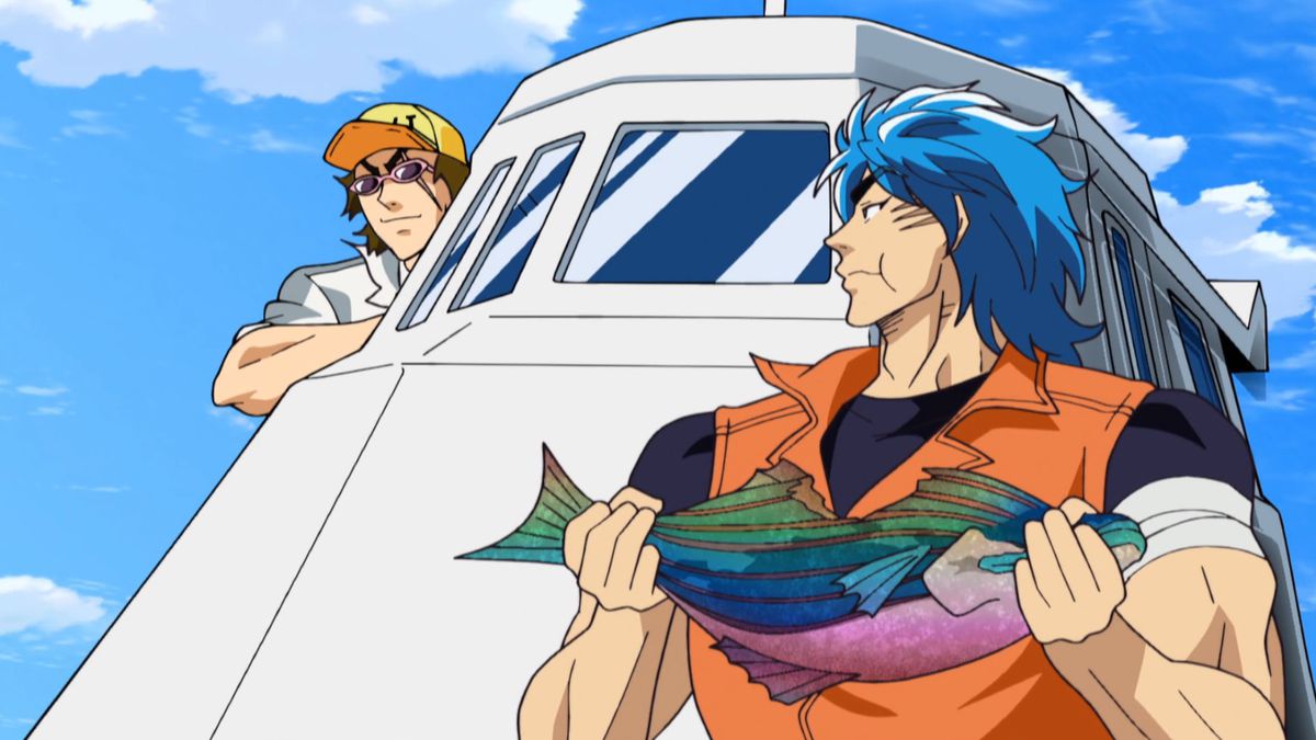 A blue-haired anime man in a orange outfit chewing on a bite of a rainbow-colored fish aboard a boat with an anime man with a yellow cap leaning out of a window.