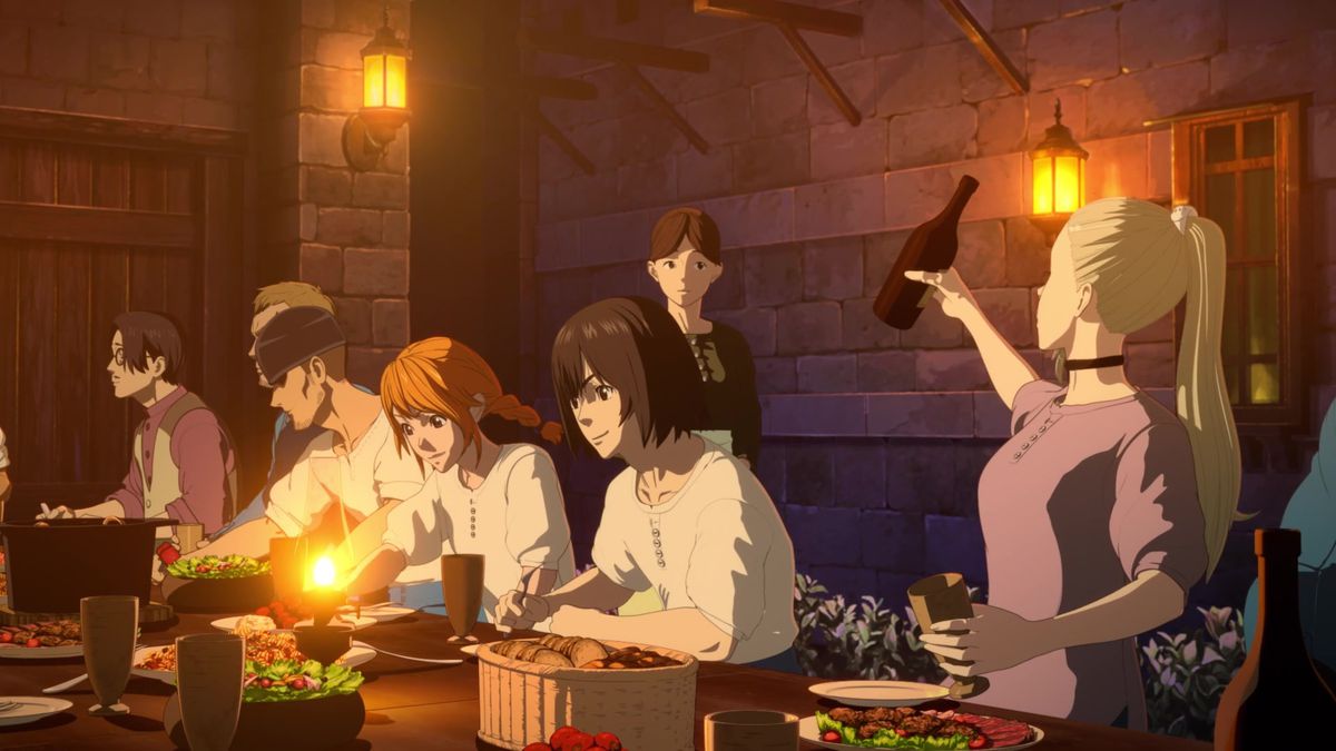 A group of anime characters sitting at a table eating food in Drifting Dragons.