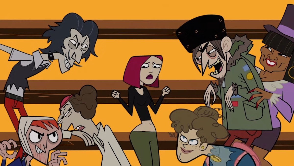 Joan of Arc surrounded by sinister looking clones in the bleachers from Clone High