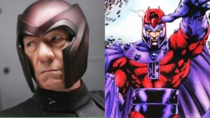 Ian McKellen as Magneto in the X-Men films, and his comic book counterpart (art by Jim Lee).
