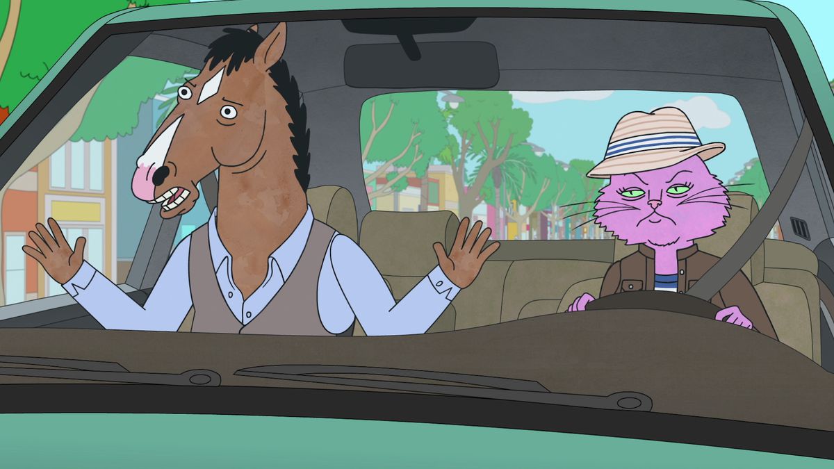 BoJack Horseman complains while Princess Carolyn drives