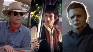 Dr. Alan Grant with a hat and sunglassed in Jurassic Park, Frodo holding a sword, and Michael Myers in his Halloween mask