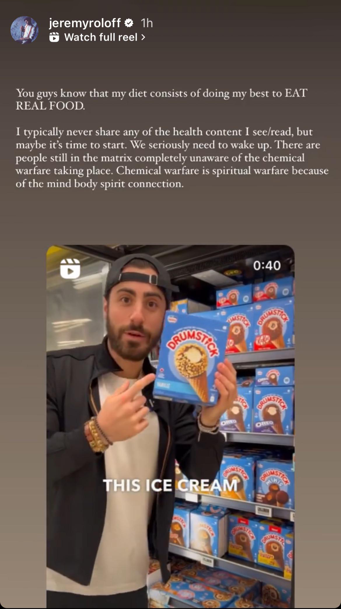 The reality television star posted an Instagram Story about food