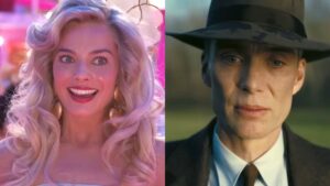 Margot Robbie's Barbie looking worried split with Cillian Murphy's Oppenheimer in a hat and suit, Barbie and Oppenheimer are both 2024 Oscar nominees