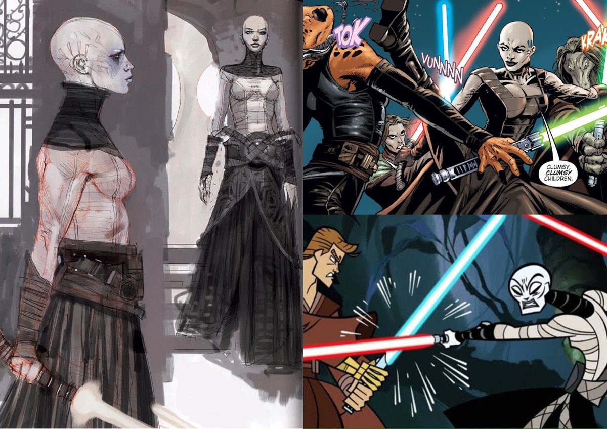 Asajj Ventress concept art for Attack of the Clones, comic book art from Dark Horse comics, and her first animated appearance in the 2003 Clone Wars micro series.