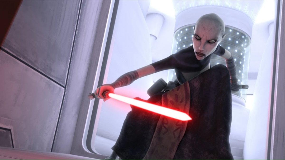 Asajj Ventress gets ready to attack the Jedi on Star Wars: The Clone Wars