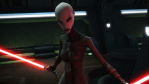 Asajj Ventress, the Sith assassin from The Clone Wars, ready to do battle.