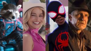 Rocket Raccoon in a space suit flying a ship in Guardians of the Galaxy Vol. 3, Margot Robbie in a pink outfit and white cowby hate smiling in barbie, Miles Morales with his mask half off in Spider-Man: Across the Spider-Verse, and Harrison Ford sitting as Indiana Jones in the Dial of Destiny