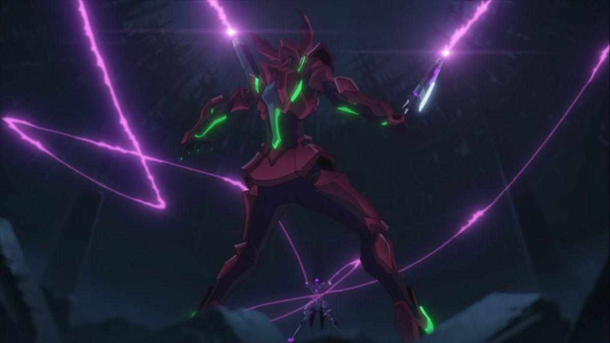 A red armored figure stands in front of a swarm of purple projectile tracing lines of sinuous energy behind them in Metallic Rouge.