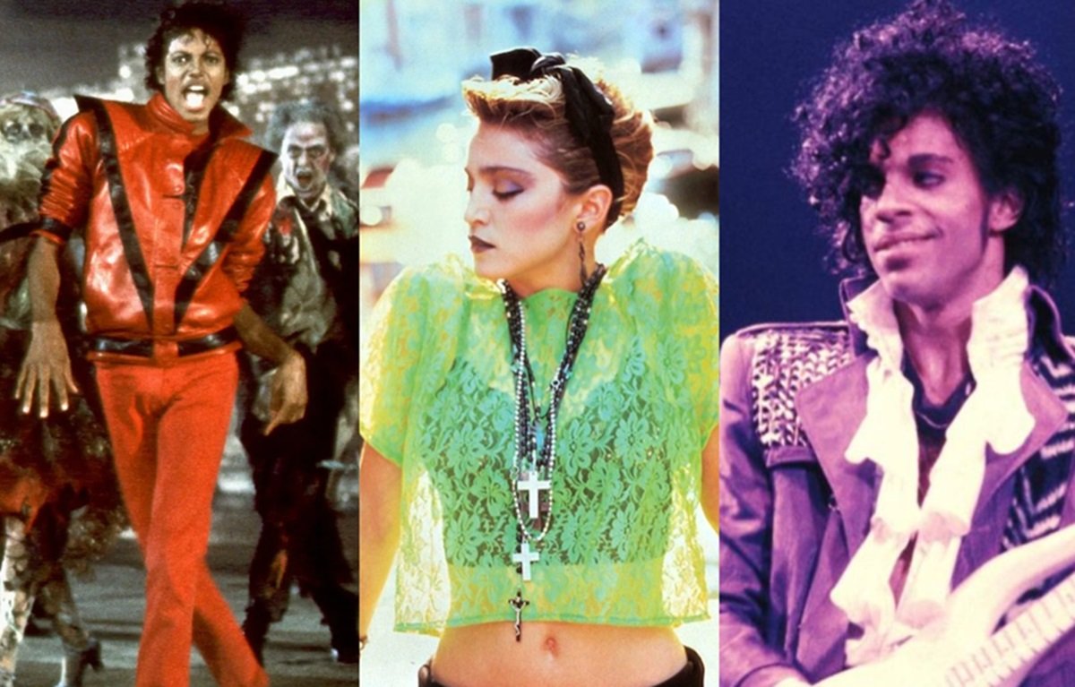 Michael Jackson in the video for Thriller, Madonna's single cover for Like a Virgin, and Prince in the movie Purple Rain, all popular in 1984.