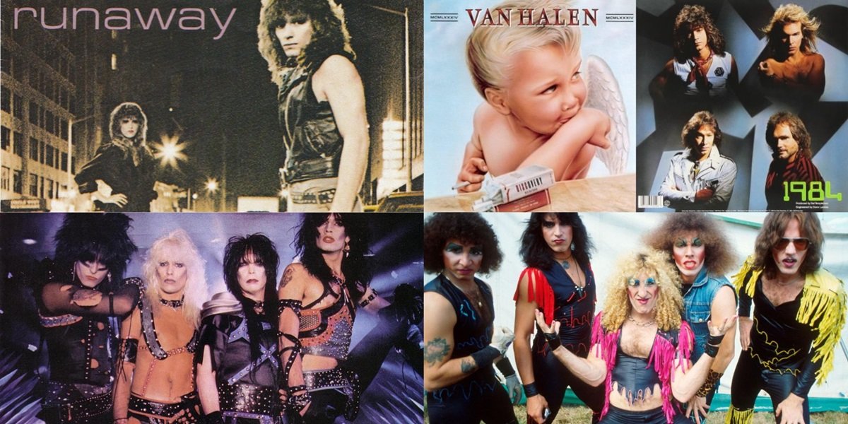 Album covers and promo photos for Runaway, the first Bon Jovi single, Van Halen's seminal 1984, Mötley Crüe's Shout at the Devil, and Twisted Sister's We're Not Gonna Take It.